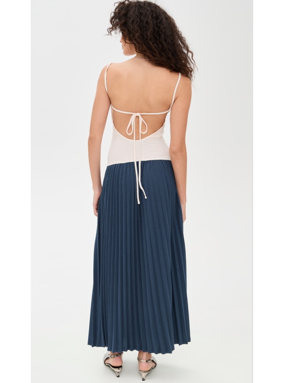 Lioness Renaissance Pleated Maxi Dress Cream Navy Blue New! - Picture 2 of 13